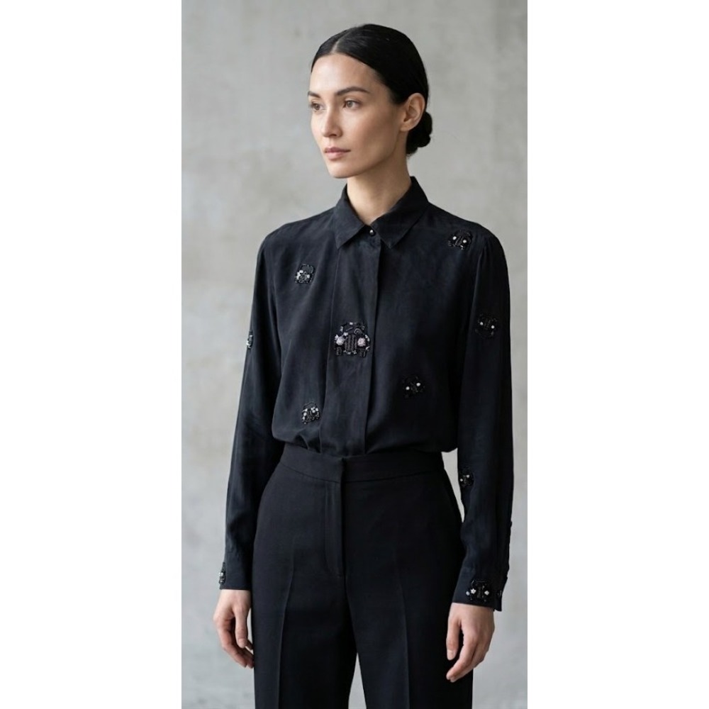 Vintage Gerry Goldblum Silk Sequin Car Applique Blouse‎ Black Novelty Top